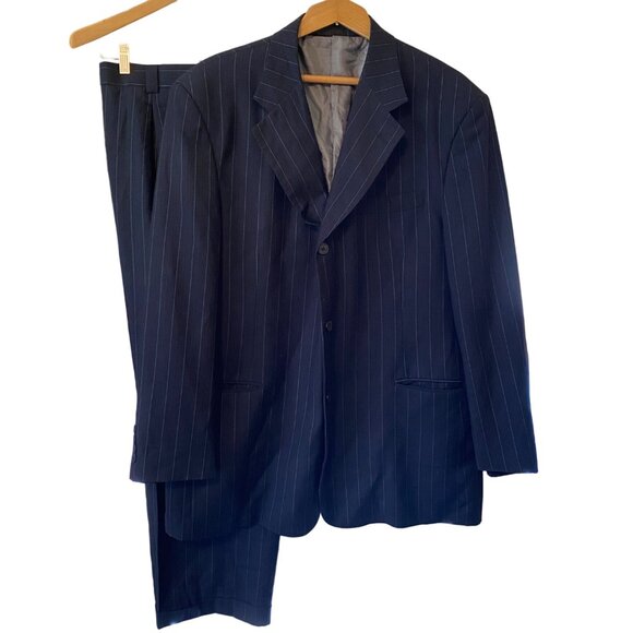 Men's Stacy Adams Blue Pin Stripe 2 Piece Suit Set Coat 44R/ Pants 38R